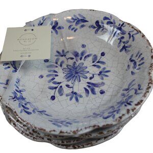 Bungalow No 10 Blue Flower Rustic Shallow 8" Bowl Set 4 Scalloped Melamine NWT
